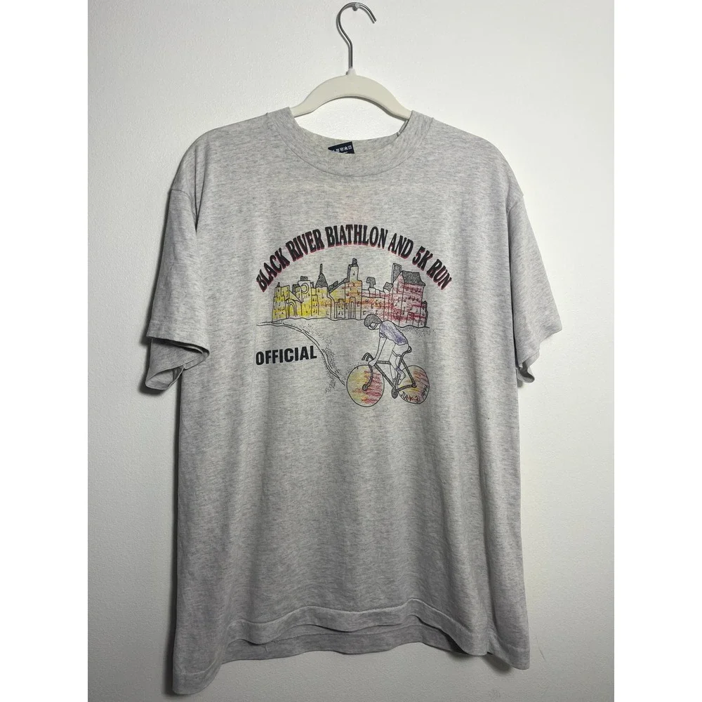Vintage 1994 Black River Biathlon 5K Run T-Shirt Gray Fruit of the Loom Best